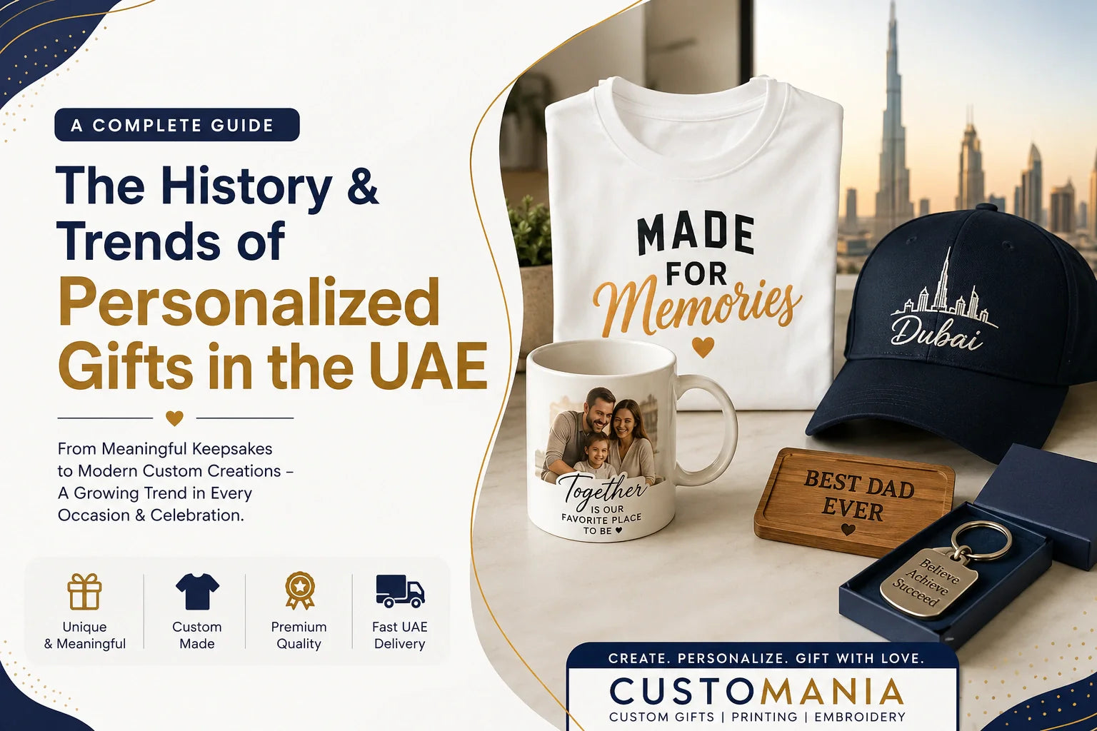: Personalized gifts in the UAE including custom T-shirts, printed mugs and embroidered apparel by Customania Dubai.