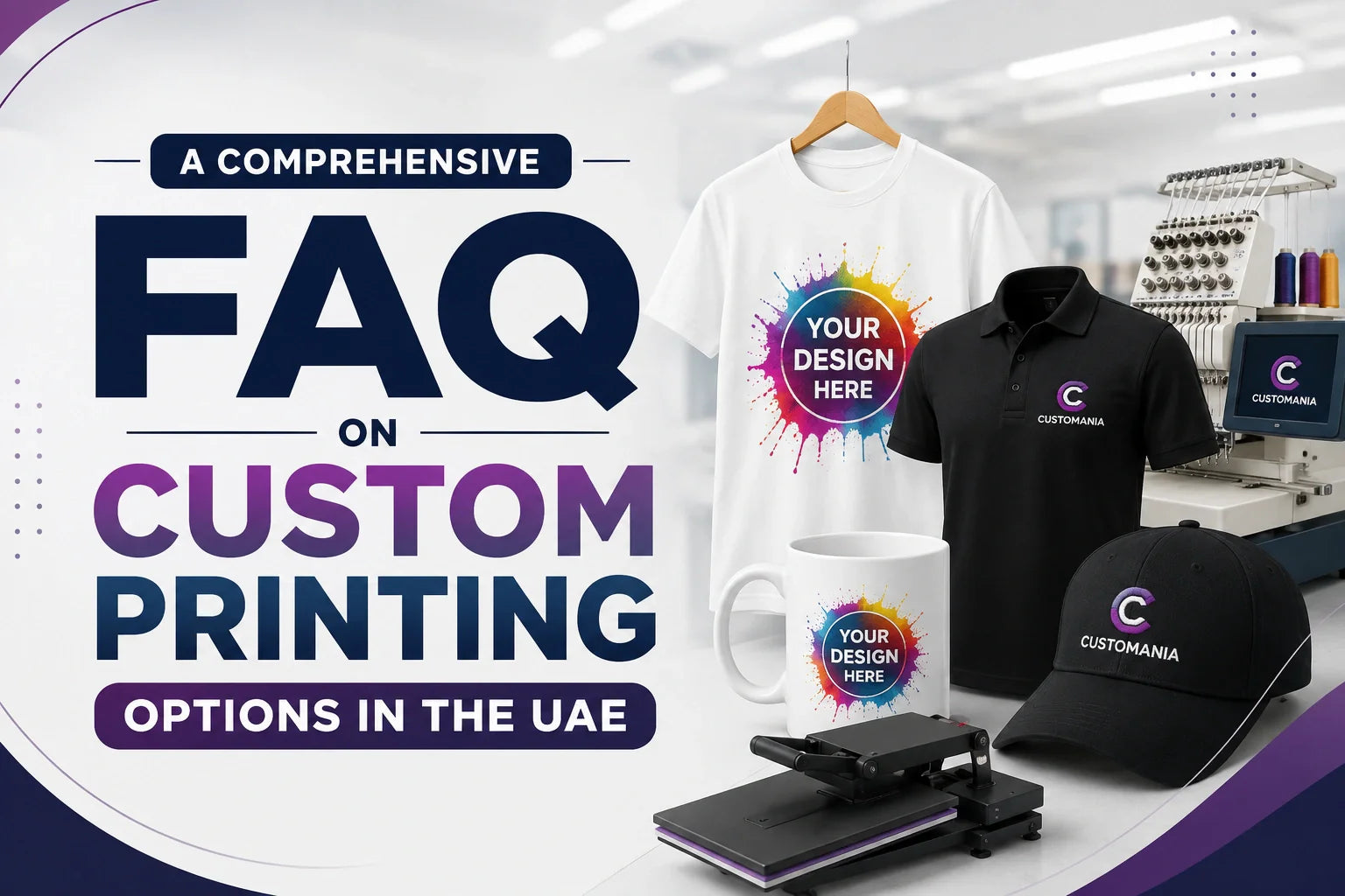 Custom printing options in the UAE including T-shirt printing, mug printing, embroidery and sublimation by Customania Dubai.